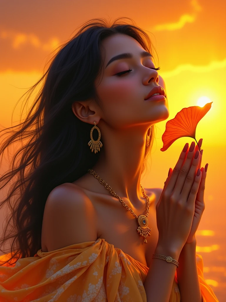1girl, black hair, closed eyes, dark skin, earrings, ginkgo leaf, gradient, gradient background, jewelry, long hair, male focus, orange background, orange sky, orange theme, own hands clasped, own hands together, solo, sunset, upper body, yellow background, yellow sky, vibrant colors, fantasy