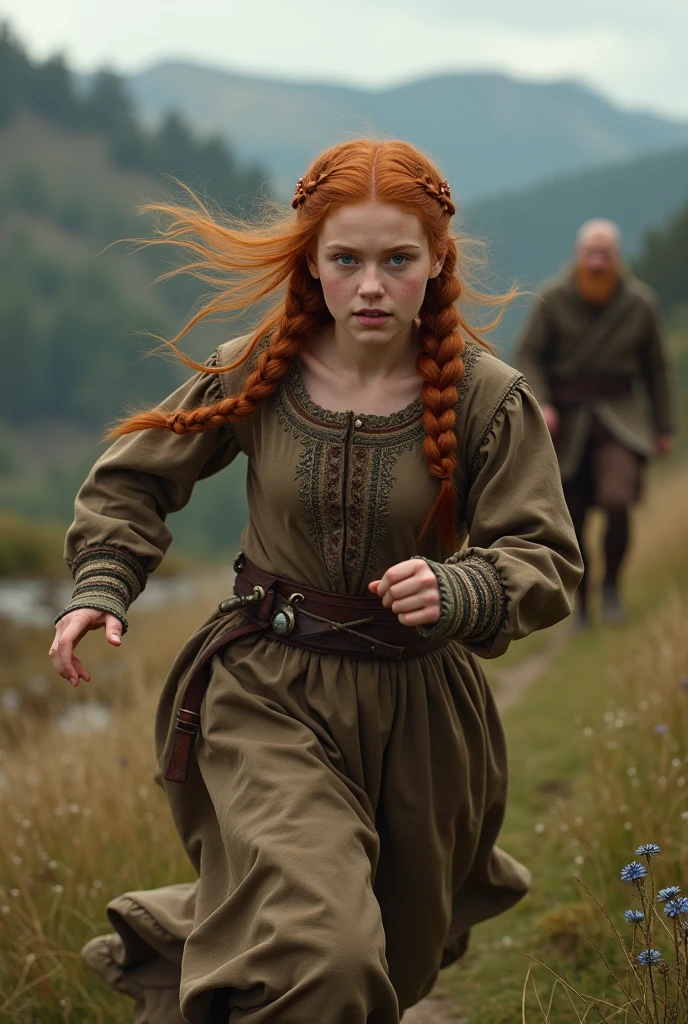 a 20 year old peasant girl, natural redhead with viking hairstyles, dressed in sansa stark style is running, fugindo de ragnar lothbrok, viking, brownish blonde hair, short beard.