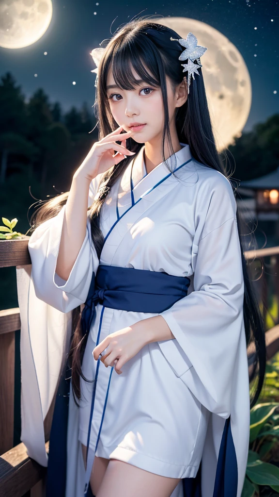 **Prompt:** Create an ultra-realistic 8K resolution image of Tsukuyomi, the Japanese moon god from Shinto mythology, reimagined as the ultimate moe character while retaining the deity's iconic features. Tsukuyomi is depicted with an adorable, youthful appearance, featuring large, shimmering silver eyes that exude a gentle and innocent charm. Her long, flowing silver hair is styled in soft, voluminous waves with cute hairpins shaped like crescent moons and stars, adding a playful touch.
Her outfit is a blend of traditional and modern moe fashion, with a short, frilly kimono in shades of pale blue and white, adorned with delicate moon and star patterns. The kimono has oversized sleeves and a ribbon tied around her waist, creating a cute and enchanting silhouette. She wears knee-high socks with little moon charms attached, and her sandals are decorated with tiny stars.
Tsukuyomi's expression is sweet and slightly shy, with a gentle blush on her cheeks. She holds a small, glowing crescent moon in her hands, which emits a soft, calming light. Her posture is demure, with one hand gently touching her cheek as she gazes up at the night sky.
The background is a serene, moonlit landscape with sparkling stars and a gentle breeze, creating a peaceful and enchanting atmosphere. The setting perfectly complements Tsukuyomi's moe transformation, blending the deity's celestial origins with the irresistible charm of a modern moe character, resulting in a figure that is both captivating and heartwarming.