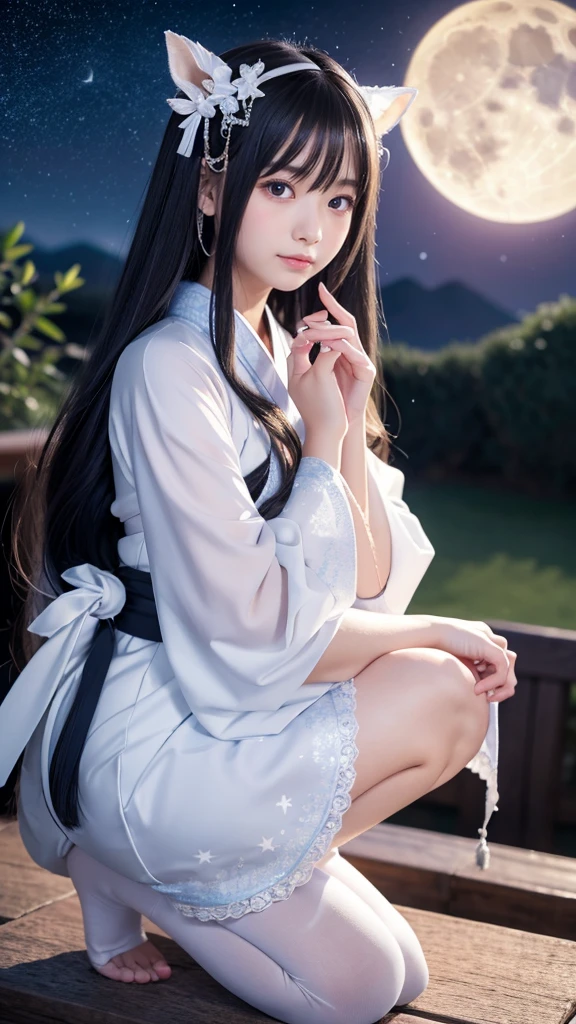 **Prompt:** Create an ultra-realistic 8K resolution image of Tsukuyomi, the Japanese moon god from Shinto mythology, reimagined as the ultimate moe character while retaining the deity's iconic features. Tsukuyomi is depicted with an adorable, youthful appearance, featuring large, shimmering silver eyes that exude a gentle and innocent charm. Her long, flowing silver hair is styled in soft, voluminous waves with cute hairpins shaped like crescent moons and stars, adding a playful touch.

Her outfit is a blend of traditional and modern moe fashion, with a short, frilly kimono in shades of pale blue and white, adorned with delicate moon and star patterns. The kimono has oversized sleeves and a ribbon tied around her waist, creating a cute and enchanting silhouette. She wears knee-high socks with little moon charms attached, and her sandals are decorated with tiny stars.

Tsukuyomi's expression is sweet and slightly shy, with a gentle blush on her cheeks. She holds a small, glowing crescent moon in her hands, which emits a soft, calming light. Her posture is demure, with one hand gently touching her cheek as she gazes up at the night sky.

The background is a serene, moonlit landscape with sparkling stars and a gentle breeze, creating a peaceful and enchanting atmosphere. The setting perfectly complements Tsukuyomi's moe transformation, blending the deity's celestial origins with the irresistible charm of a modern moe character, resulting in a figure that is both captivating and heartwarming.