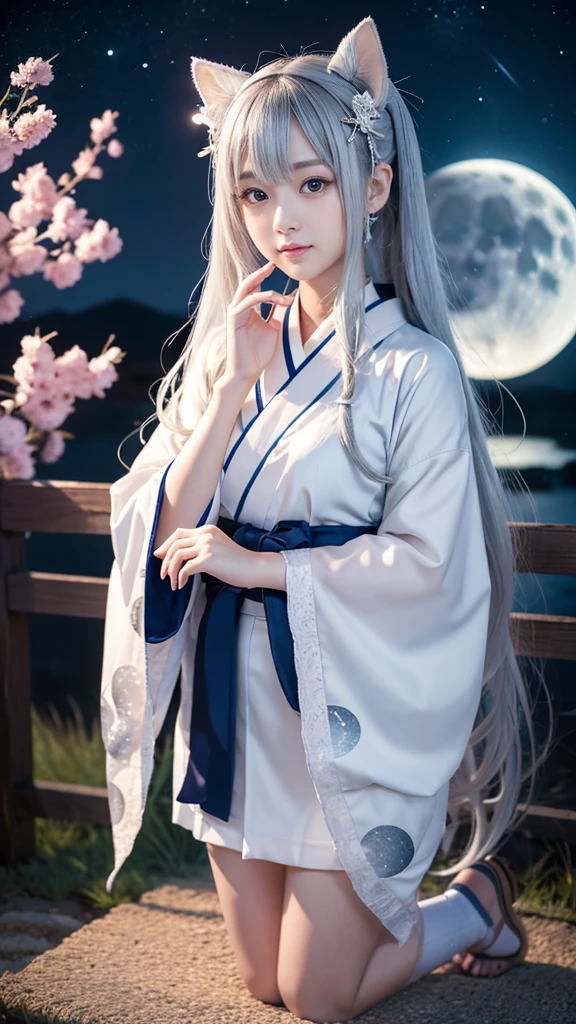 **Prompt:** Create an ultra-realistic 8K resolution image of Tsukuyomi, the Japanese moon god from Shinto mythology, reimagined as the ultimate moe character while retaining the deity's iconic features. Tsukuyomi is depicted with an adorable, youthful appearance, featuring large, shimmering silver eyes that exude a gentle and innocent charm. Her long, flowing silver hair is styled in soft, voluminous waves with cute hairpins shaped like crescent moons and stars, adding a playful touch.
Her outfit is a blend of traditional and modern moe fashion, with a short, frilly kimono in shades of pale blue and white, adorned with delicate moon and star patterns. The kimono has oversized sleeves and a ribbon tied around her waist, creating a cute and enchanting silhouette. She wears knee-high socks with little moon charms attached, and her sandals are decorated with tiny stars.
Tsukuyomi's expression is sweet and slightly shy, with a gentle blush on her cheeks. She holds a small, glowing crescent moon in her hands, which emits a soft, calming light. Her posture is demure, with one hand gently touching her cheek as she gazes up at the night sky.
The background is a serene, moonlit landscape with sparkling stars and a gentle breeze, creating a peaceful and enchanting atmosphere. The setting perfectly complements Tsukuyomi's moe transformation, blending the deity's celestial origins with the irresistible charm of a modern moe character, resulting in a figure that is both captivating and heartwarming.