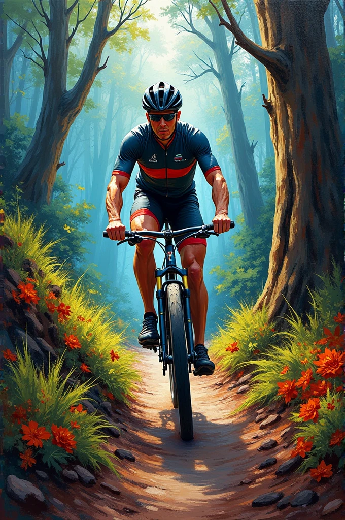 Make me an expressionism art of a cyclist riding in trails