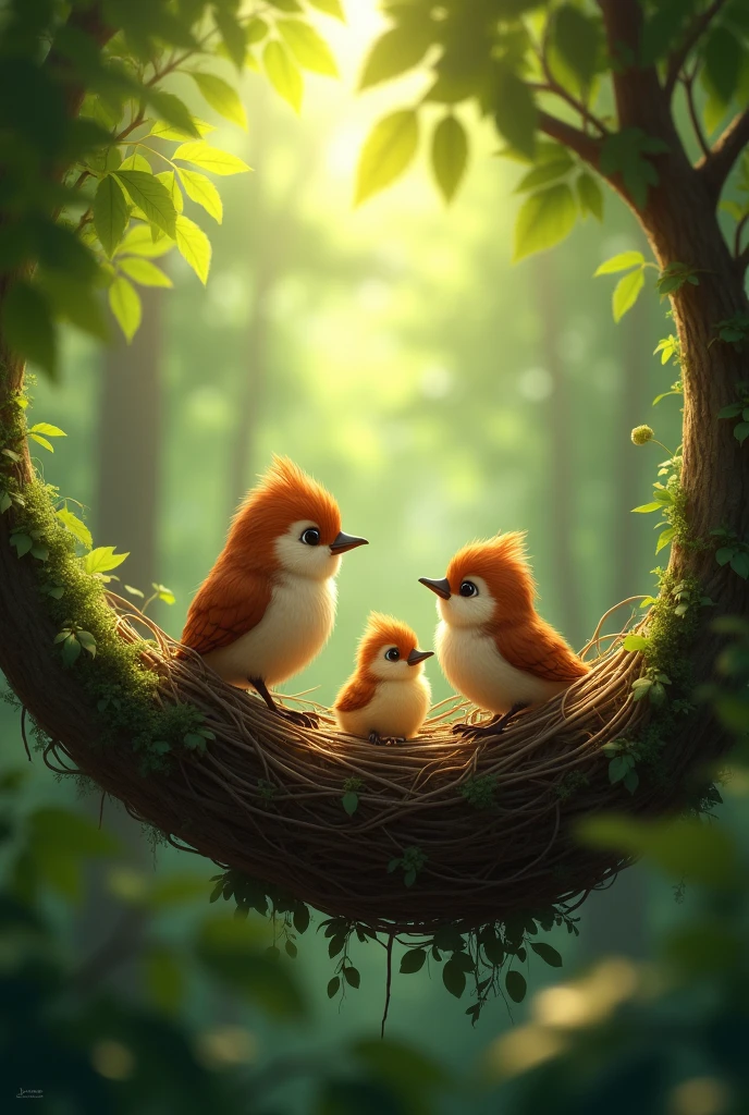 Bird Family in the Nest:** A small bird family, consisting of a mother, father, and their young chick, is shown in a nest high up in a tree. The dense, green forest surrounds them. The young chick is peering out of the nest, looking scared and hesitant to fly