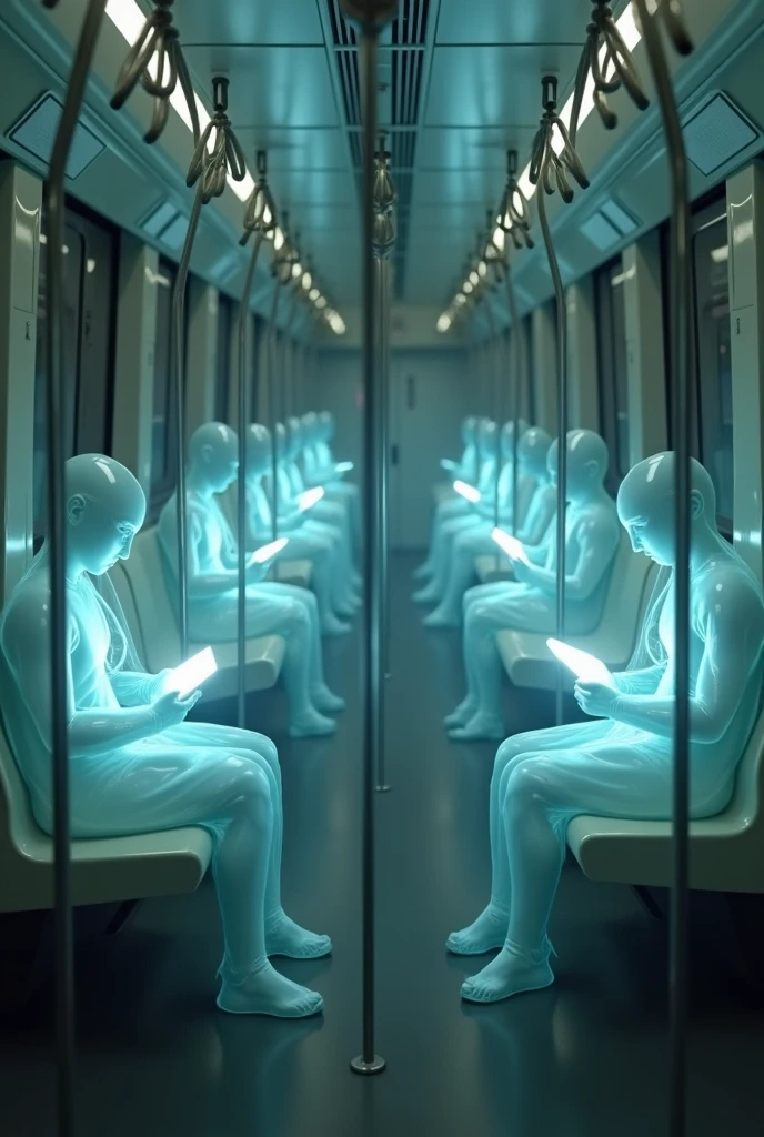 subway car, the seats are occupied by androgynous human figures, without faces, without clothes. transparent crystal skin. Everyone looks at their cell phone. Everyone is looking at their cell phone.