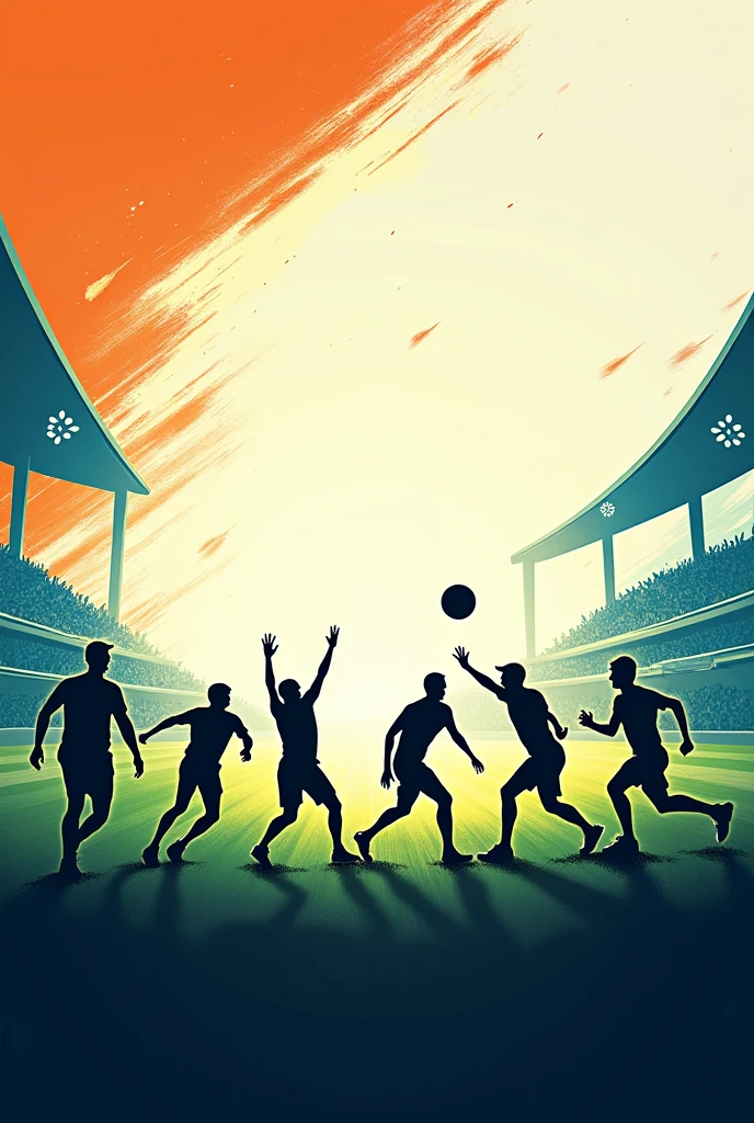 Create a vibrant and dynamic background celebrating National Sports Day in India. The scene should feature a blend of iconic Indian sports such as cricket, kabaddi, football, and hockey. Use an energetic colour palette with shades of saffron, green, and blue, inspired by the Indian flag. The background should have a modern, abstract design with subtle textures, including motion lines and gradients, conveying the spirit of movement and athleticism. Include elements like stadium lights, cheering crowds, and silhouettes of athletes in action to capture the essence of sportsmanship and unity.