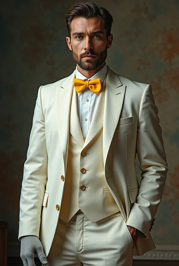 a white man, 1.67m tall, wearing a white jacket, a yellow bowtie, and a gray glove, detailed portrait, realistic, hyperrealistic, photorealistic, 8k, high quality, trending on artstation, intricate details, masterpiece, award winning, digital art, beautiful lighting, chiaroscuro, dramatic lighting, cinematic lighting, soft lighting, warm colors, golden hour, muted tones, vibrant colors, ele esta junto com os meus outros desenhos IA