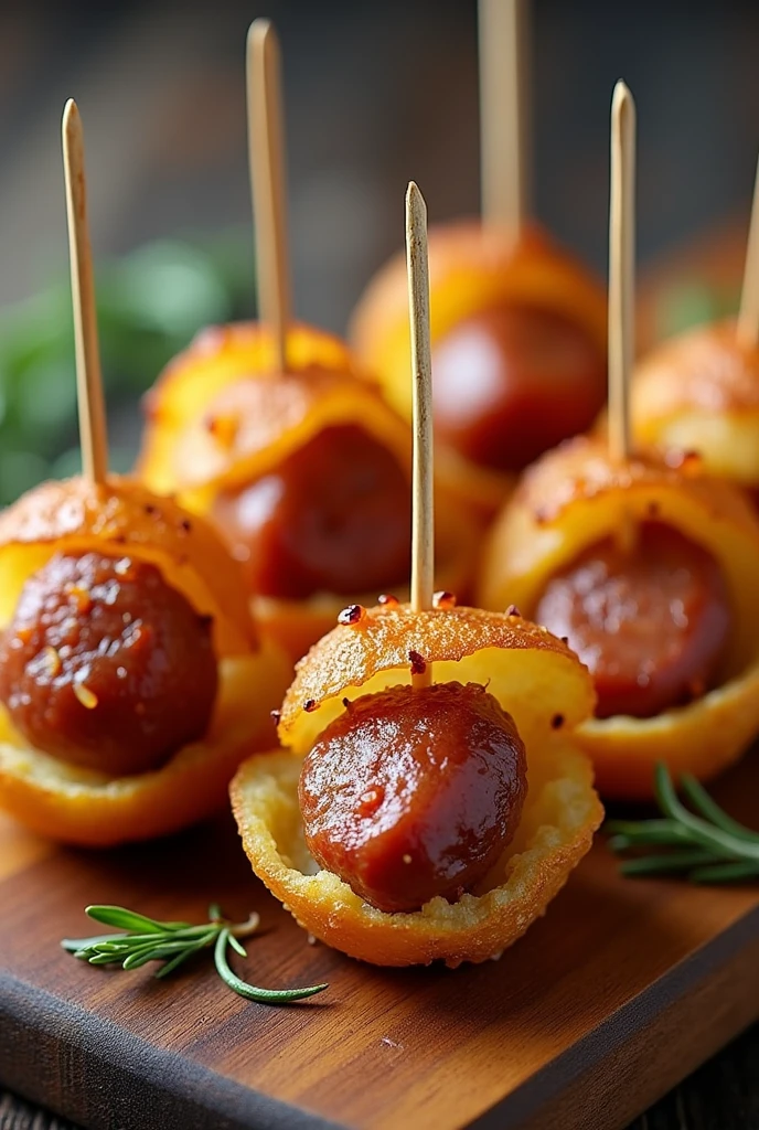 5 pieces of sausage wrapped in a slice of potato, stuck in a toothpick