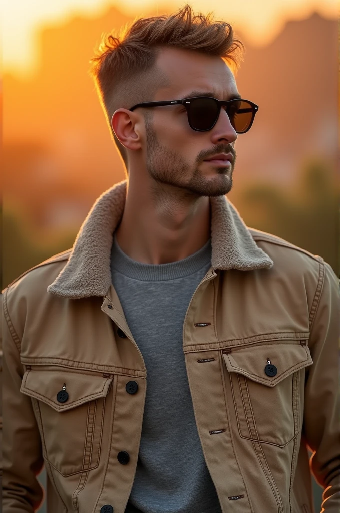 photo portrait of a Lanky 3 Swedish man with Medium complexion , crew cut hair, wearing sunglasses, a Beige Denim jacket, detailed clothes, textured clothes, outdoors, hdr, Studio quality, orange studio lighting, sharp focus, (diffuse light:1.3), (soft light:1.5), global illumination, orange atmosphere