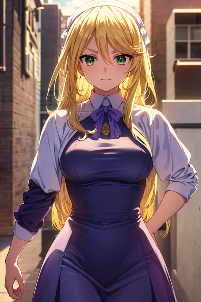 sharonholygrail, sharon holygrail, long hair, blonde hair, hair between eyes, (green eyes:1.3), smirk BREAK skirt, shirt, short sleeves, frills, black skirt, frilled skirt, purple shirt, puffy sleeves, collarbone, BREAK outdoors, city, sky, sun, clouds, crowd, people, BREAK looking at viewer, (cowboy shot:1.5), BREAK (masterpiece:1.2), best quality, high resolution, unity 8k wallpaper, (illustration:0.8), (beautiful detailed eyes:1.6), extremely detailed face, perfect lighting, extremely detailed CG, (perfect hands, perfect anatomy),dynamic pose,outdoors