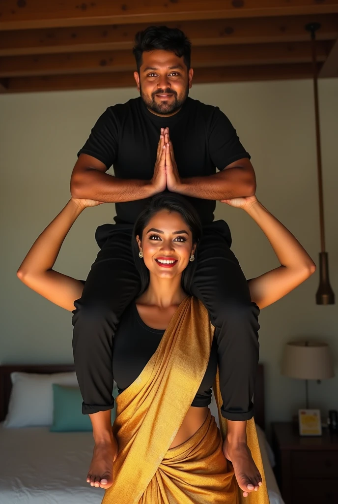 Beautiful and Slim, Sexy Indian woman in black blouse golden saree lifting a large chubby man above her shoulders, man is sitting on woman's shoulders, in a bedroom with high ceiling, natural smile, woman is looking into the camera , full body image