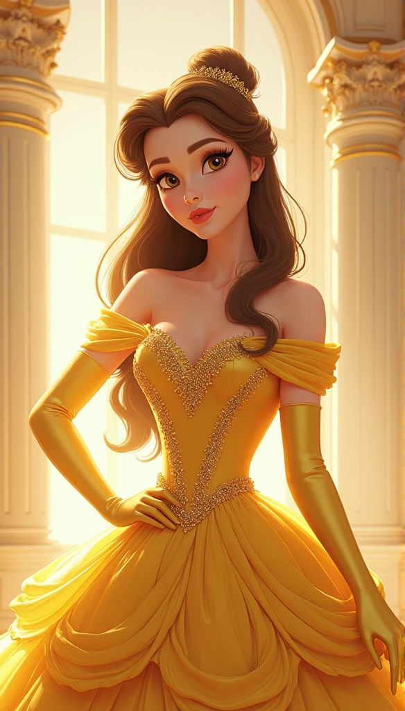 1girl, BelleWaifu, yellow dress, long skirt, princess, tiara, gold necklace, standing in a royal Victorian bedroom, in front of window, gold curtains, castle, balcony, medium breasts, looking at viewer, closed mouth, smile, beautiful lighting, masterpiece, trending on ArtStation, trending on CGSociety, Intricate, High Detail, Sharp focus, dramatic lighting, illustration, digital art, by artgerm, by Liang Xing, by WLOP