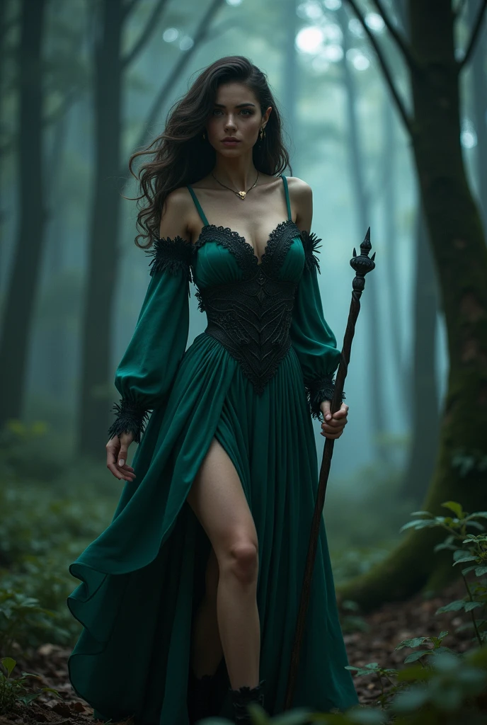 Kae, the European Elf Queen from Dungeons and Dragons, best quality, ultra-detailed CG unity 8k wallpaper, walking, high resolution, dynamic pose, beautiful face, (Hazel eyes:1.2, dark brown hair:1.3, side parted bangs, shoulder length hair:1.4, curly hair, flowing jade and black dress, tiny boobs, cleavage), depth of field, dark medieval forest, dark light, night time), (high fantasy), holding a druid staff