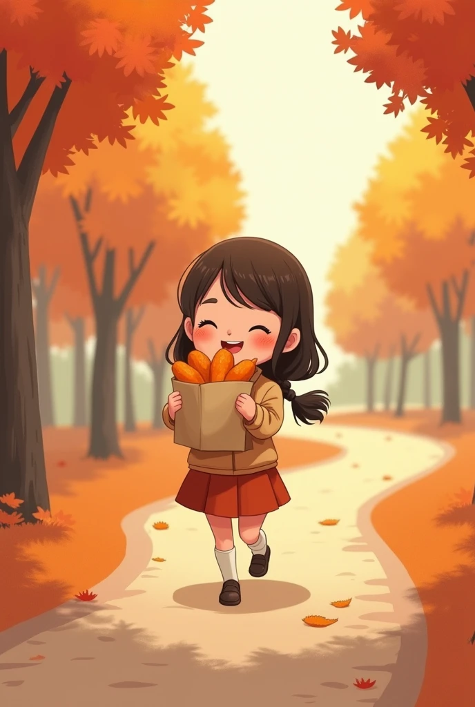 Autumn scenery、pastel colour、A cute girl happily holding a bag of roasted sweet potatoes