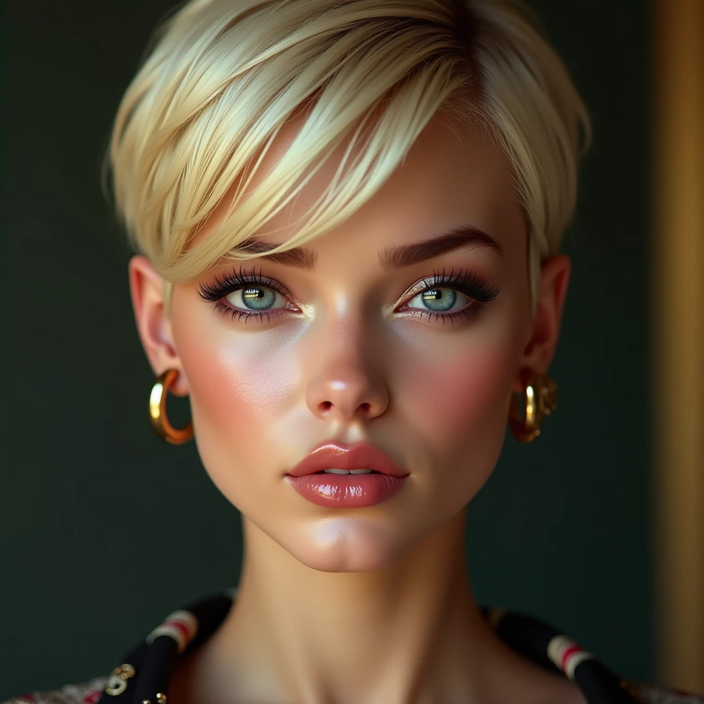 Adult female face, 20 years old, Unparalleled beauty, rich people, celebrity, arrogance, contemptuous, cruelty, Fine, clear, white skin without wrinkles or blemishes, Blonde, short hair, pixie cut, Forehead, arched, thin and light eyebrows, loose double eyelids, clear, reflective blue eyes, A straight, high nose, well-proportioned nostrils, dark lipstick, Shape cheek line, clean, thin and unbroken chin