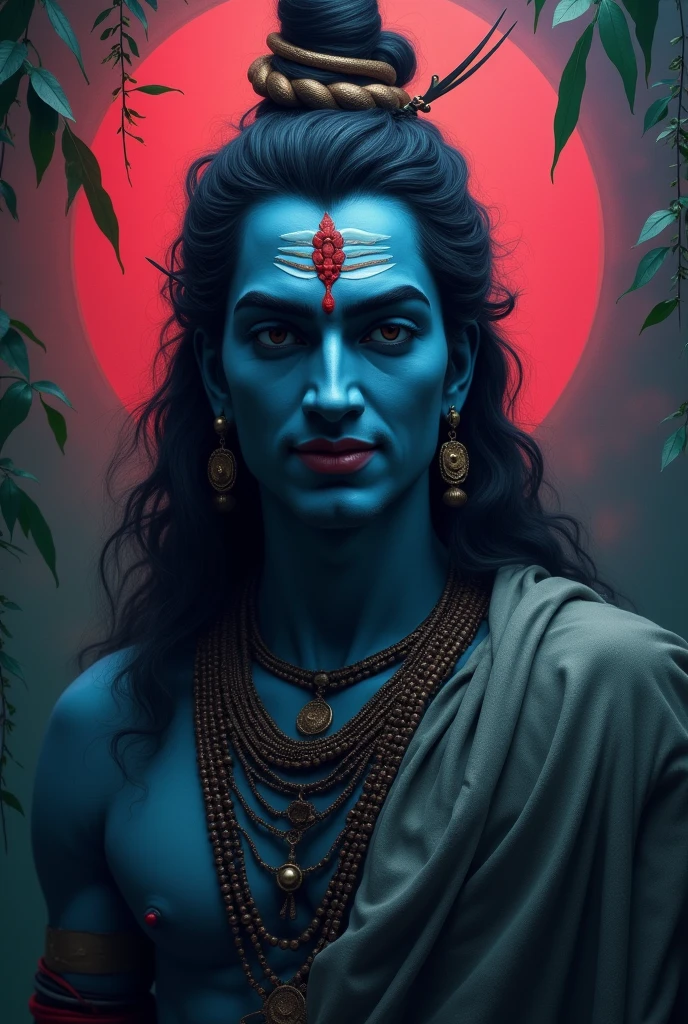 Shiv ji old type image realistic smile in face but sweet and background is very dangerous red and blue background in jungle