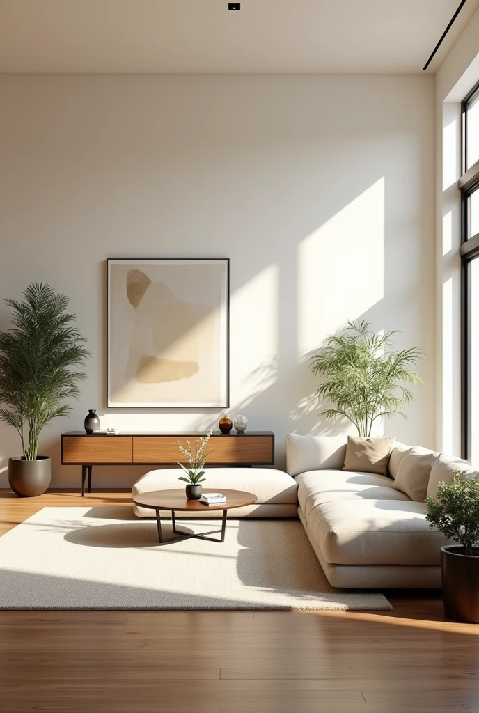 a contemporary living room with natural lighting, minimalist design, large windows, sunlight, hardwood floors, white walls, modern furniture, cozy interior, elegant decor, minimalist style, cinematic lighting, realistic lighting, clean composition, high quality, 8k, photorealistic, award winning photography