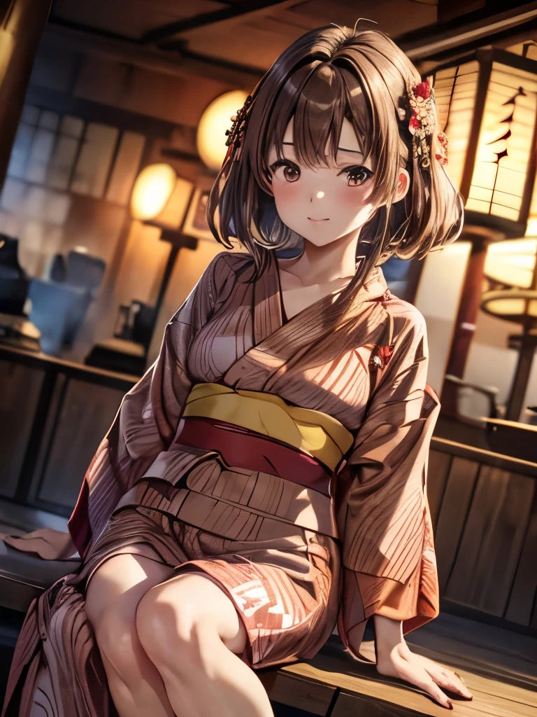 light brown hair, medium hair, hair over shoulder, red eyes, dutch angle, feet out of frame, UHD, masterpiece, high quality,(yukata:1.5)