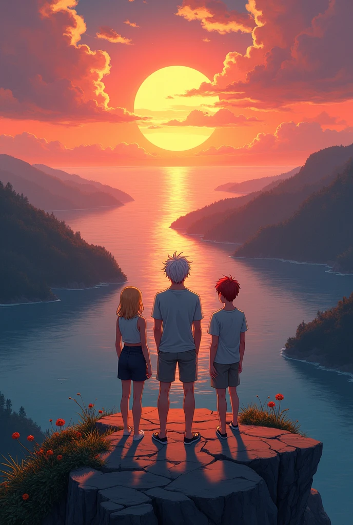 Draw three people with their backs turned looking at a horizon at sunset, looking across at a continent with many trees separated by the sea, They are standing on the edge of a cliff. One of them is a blonde haired feminine man with shoulder length hair. Another person is gender neutral, brunette with very long white hair, This is the highest of the 3. The last person is a man, has, short dark red hair. All around 20 years old. Make it anime or comic style