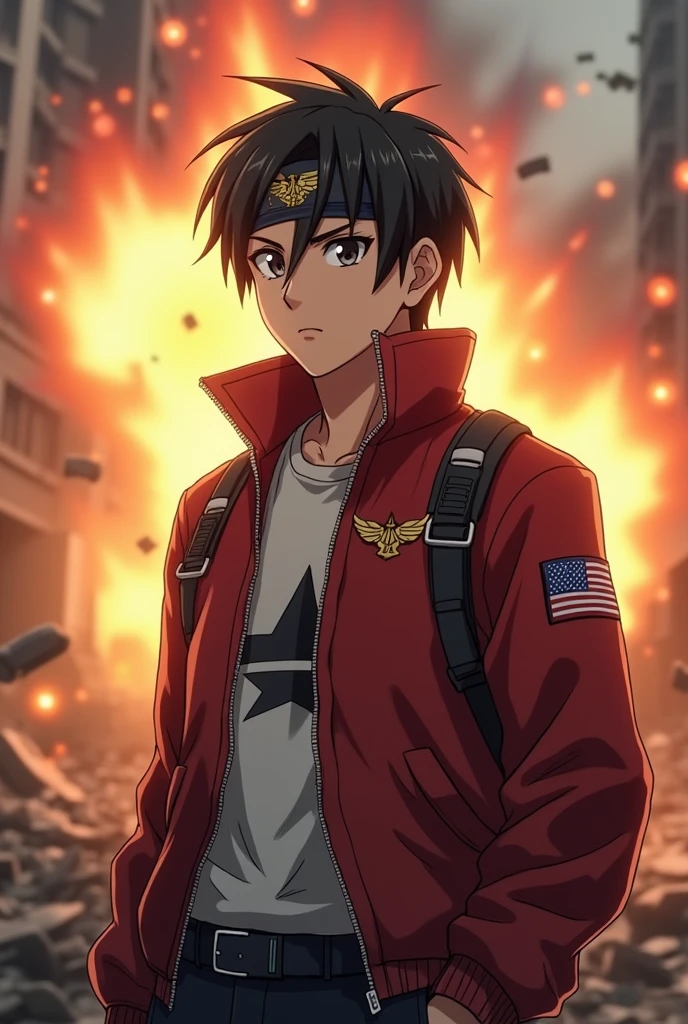 a slightly athletic Thai-Canadian man as Mikasa Ackerman. He wore a red jacket emblazoned with the iconic Wings of Freedom badge.. Under the jacket, white shirt peeking out, and the harness is part of the 3D maneuvering equipment system. In the midst of the explosion of fire, debris, and building ruins. dynamic stand firm . neat short black hair. wearing a headband—a symbol of his unwavering loyalty. Wearing the Pra Regiment uniform