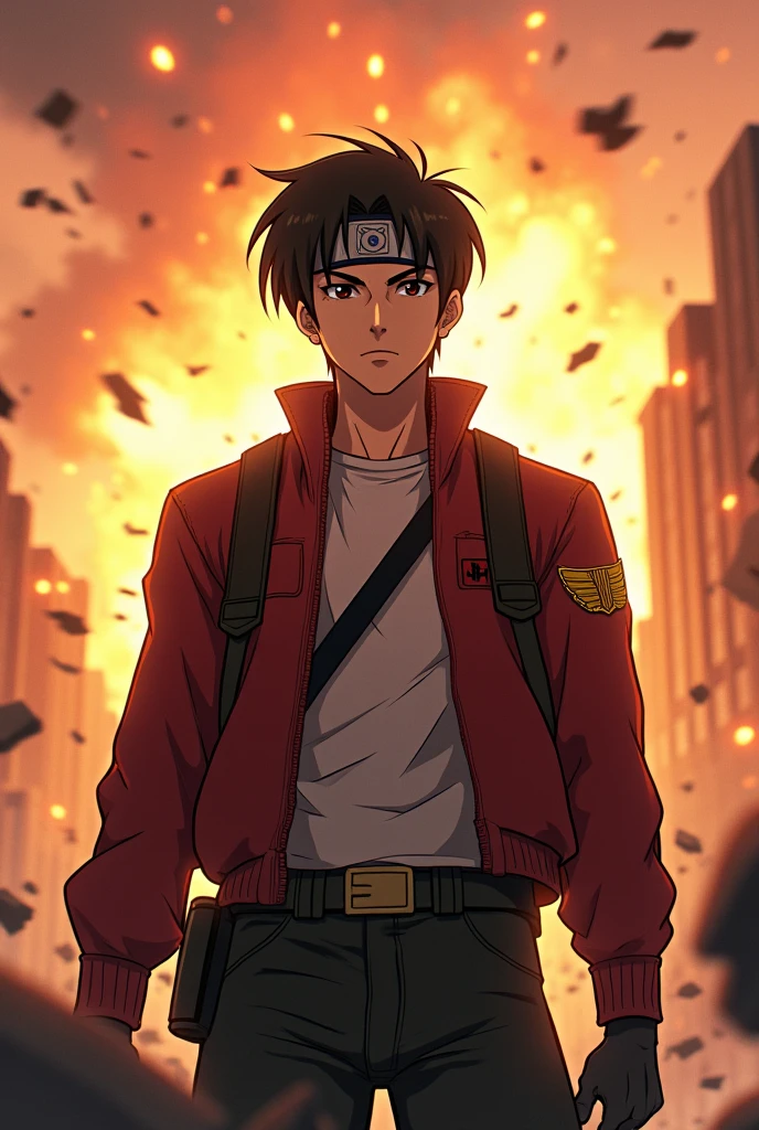 a slightly athletic Thai-Canadian man as Mikasa Ackerman. He wore a red jacket emblazoned with the iconic Wings of Freedom badge.. Under the jacket, white shirt peeking out, and the harness is part of the 3D maneuvering equipment system. In the midst of the explosion of fire, debris, and building ruins. dynamic stand firm . neat short black hair. wearing a headband—a symbol of his unwavering loyalty. Wearing the Pra Regiment uniform