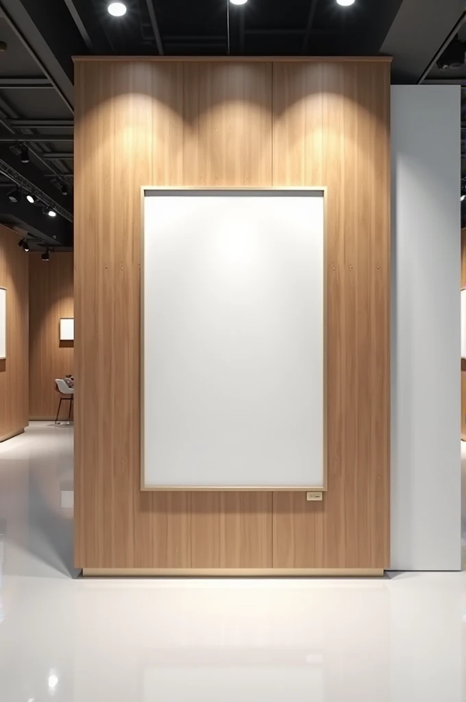 Showroom with wooden wall with a large rectangular painting hanging vertically on the wall in a modern frame and white background with lights from the ceiling shining onto the wall