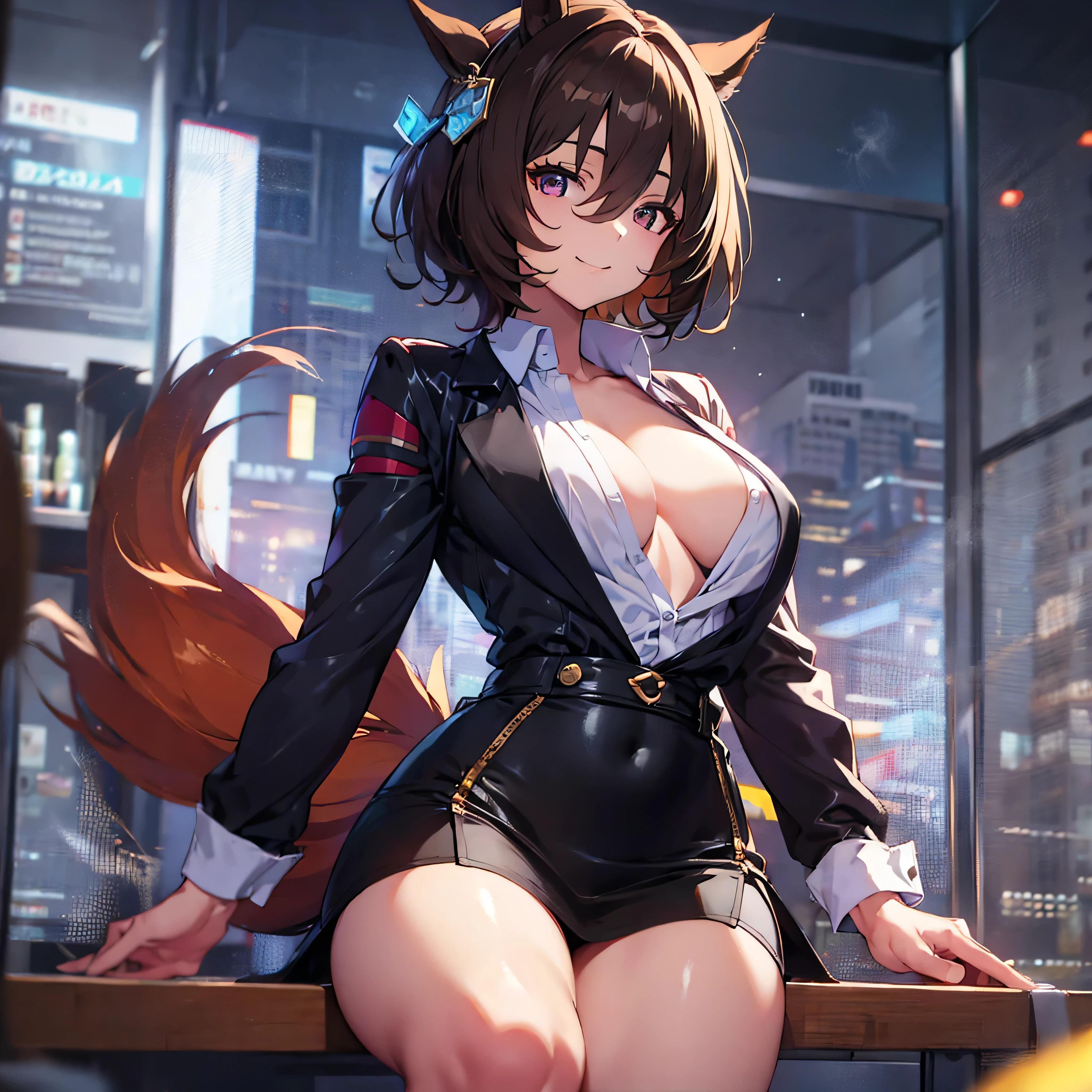 (solo), Agnes Tachyon, uma-musume, brown short hair, brown tail, BREAK, (skinny), (long skinny legs:1.2), large breasts, BREAK, (unbuttoned black collared shirts:1.2), cleavage, tight-fit pencil skirt, BREAK, forced smile