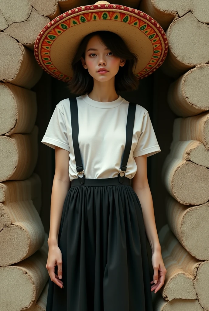 The prompt is magical realism,Modern full body nude girl,dressed in a white t-shirt,with black vertical stripes and black dress,sombreo negro,coming out of a storybook,23k from hyperreal.