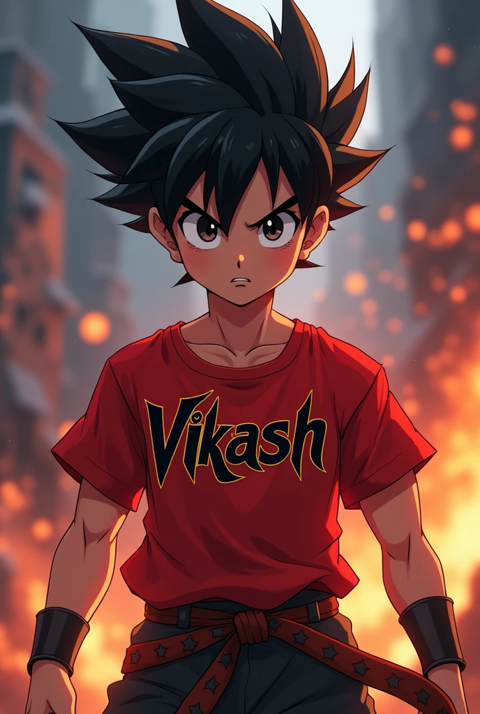A warrior anime boy wear red shirt and write on his shirt vikash in ultra hd quality 8k revolution video