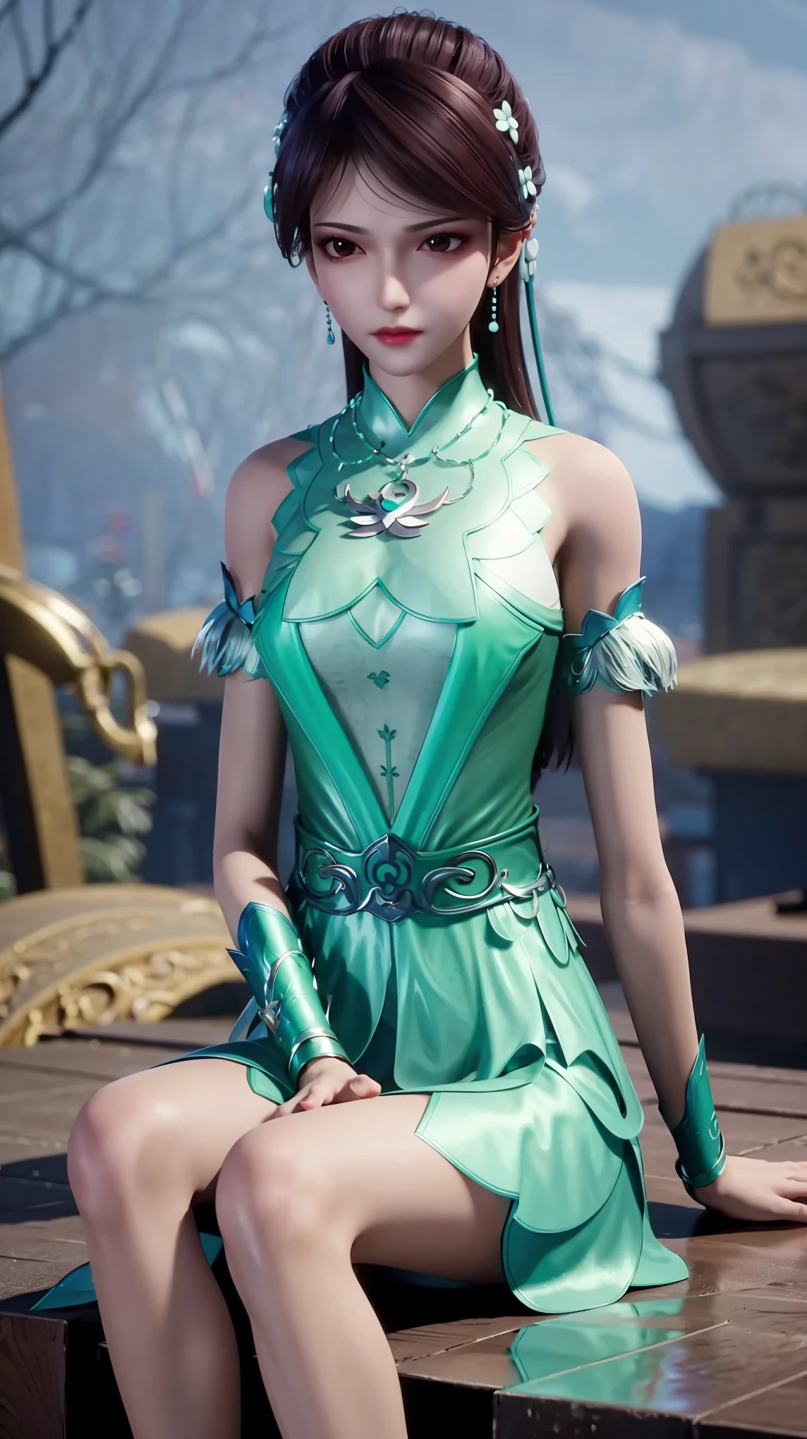 cheongsam,((whole body)), ((Sitting)), ((The hem is long, Sexy long legs)), ((Bare shoulders)),model, Young beautiful girl, Striking an elegant pose, Charming pose, Heat and cold, Beautiful and delicate eyes, Full breasts, slim body, Features, masterpiece, best quality, official art, Rich details, Clear face, Professional lighting, Physically based rendering, Necklace, Light makeup，Starry sky background，Sitting on the stars