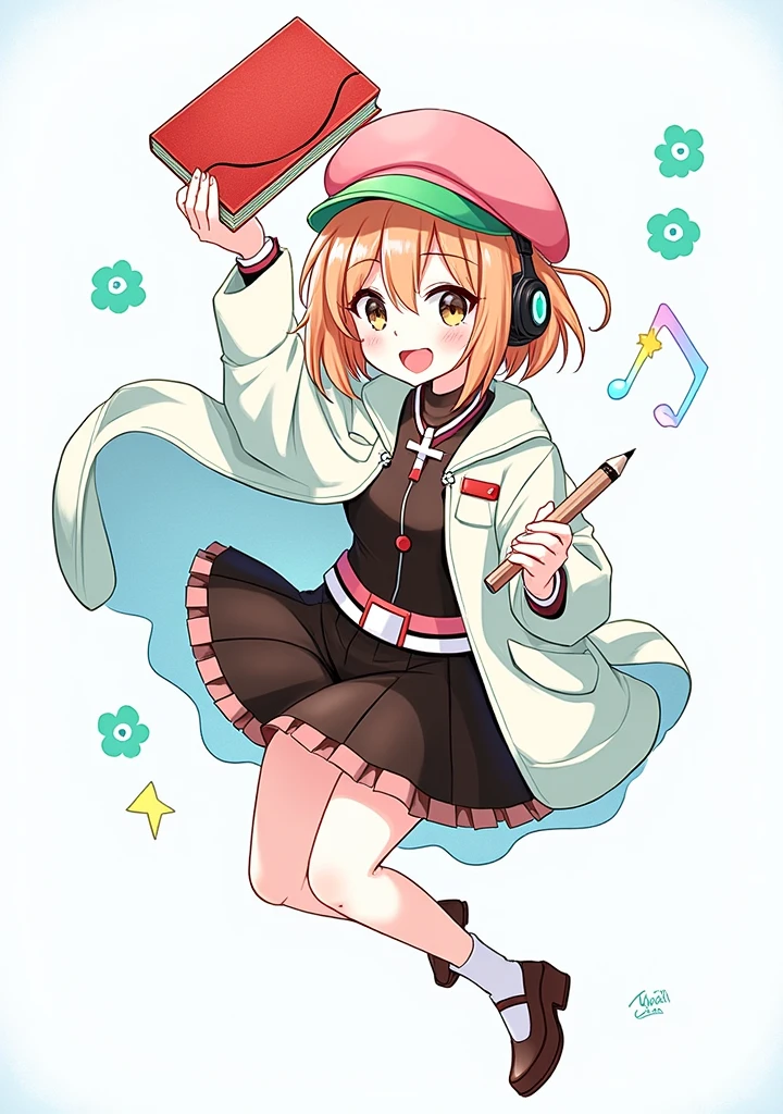 (Daisaku),(Need),(Super meticulous),(full bodyesbian:1.2),1girll,tchibi,adolable,ssmile,open-mouth smile,Light blue background,Raise your right hand,Holding pencil in hand,Holding a book in his left hand,music,Pink berets,cloak,The shirt,short detailed hair,green headwear,Blurred,brunette color hair,longer sleeves,By bangs,earphone,brunette color hair,(beautiful  detailed face),(Beautiful and delicate eyes), anime style, from girls frontline, fine details. girls frontline, girls frontline universe, girls frontline style, girls frontline, girls frontline cg, soft anime illustration, 2 0 2 2 anime style, 2022 anime style, pixiv contest winner, pretty anime character design, render of april