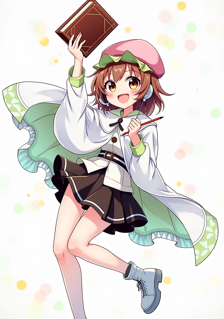 (Daisaku),(Need),(Super meticulous),(full bodyesbian:1.2),1girll,tchibi,adolable,ssmile,open-mouth smile,Light blue background,Raise your right hand,Holding pencil in hand,Holding a book in his left hand,music,Pink berets,cloak,The shirt,short detailed hair,green headwear,Blurred,brunette color hair,longer sleeves,By bangs,earphone,brunette color hair,(beautiful  detailed face),(Beautiful and delicate eyes), anime style, from girls frontline, fine details. girls frontline, girls frontline universe, girls frontline style, girls frontline, girls frontline cg, soft anime illustration, 2 0 2 2 anime style, 2022 anime style, pixiv contest winner, pretty anime character design, render of april