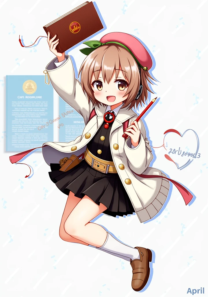 (Daisaku),(Need),(Super meticulous),(full bodyesbian:1.2),1girll,tchibi,adolable,ssmile,open-mouth smile,Light blue background,Raise your right hand,Holding pencil in hand,Holding a book in his left hand,music,Pink berets,cloak,The shirt,short detailed hair,green headwear,Blurred,brunette color hair,longer sleeves,By bangs,earphone,brunette color hair,(beautiful detailed face),(Beautiful and delicate eyes), anime style, from girls frontline, fine details. girls frontline, girls frontline universe, girls frontline style, girls frontline, girls frontline cg, soft anime illustration, 2 0 2 2 anime style, 2022 anime style, pixiv contest winner, pretty anime character design, render of april