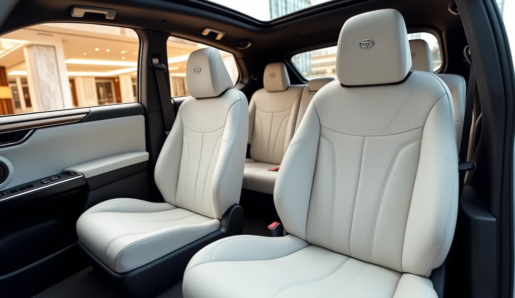 An interior view focusing on the luxurious seats of the New 2025 Toyota RAV4, displayed in a pristine white color and parked in an upscale showroom. The seats are crafted from high-quality leather, featuring elegant stitching and a modern ergonomic design for ultimate comfort. The Toyota logo is subtly embossed on the headrests, highlighting the brand’s attention to detail and luxury. The spacious cabin integrates advanced technology with premium materials, creating an atmosphere of sophistication. Through the windows, the showroom's polished marble floors, expansive glass walls, and refined decor are visible, adding to the opulent environment. The luxurious rims and narrow headlamps seen from the outside enhance the modern appeal of this premium vehicle.