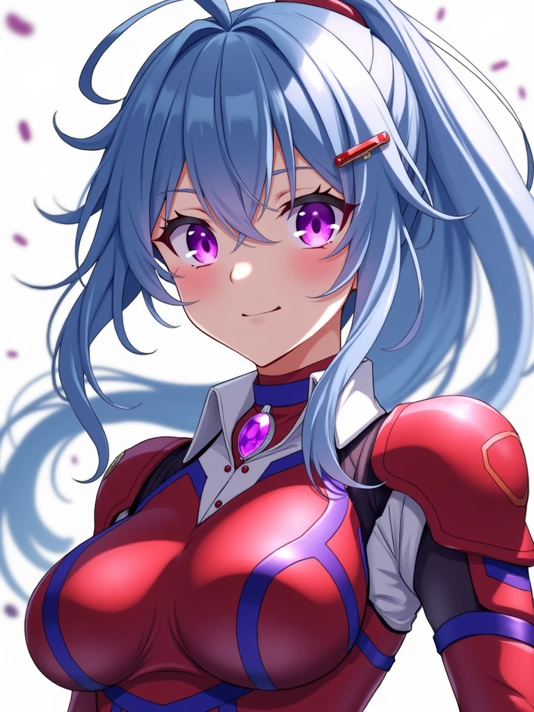 anime style, female character, (((red clothes))), (((blue hair))), hair loose in the front and tied back, purple choker around the neck, (((yellow eyes))), red armor, purple details on the armor, white shirt underneath the armor, purple pendant in the hair ((clip)), detailed, high quality, emotional effects, anime style.