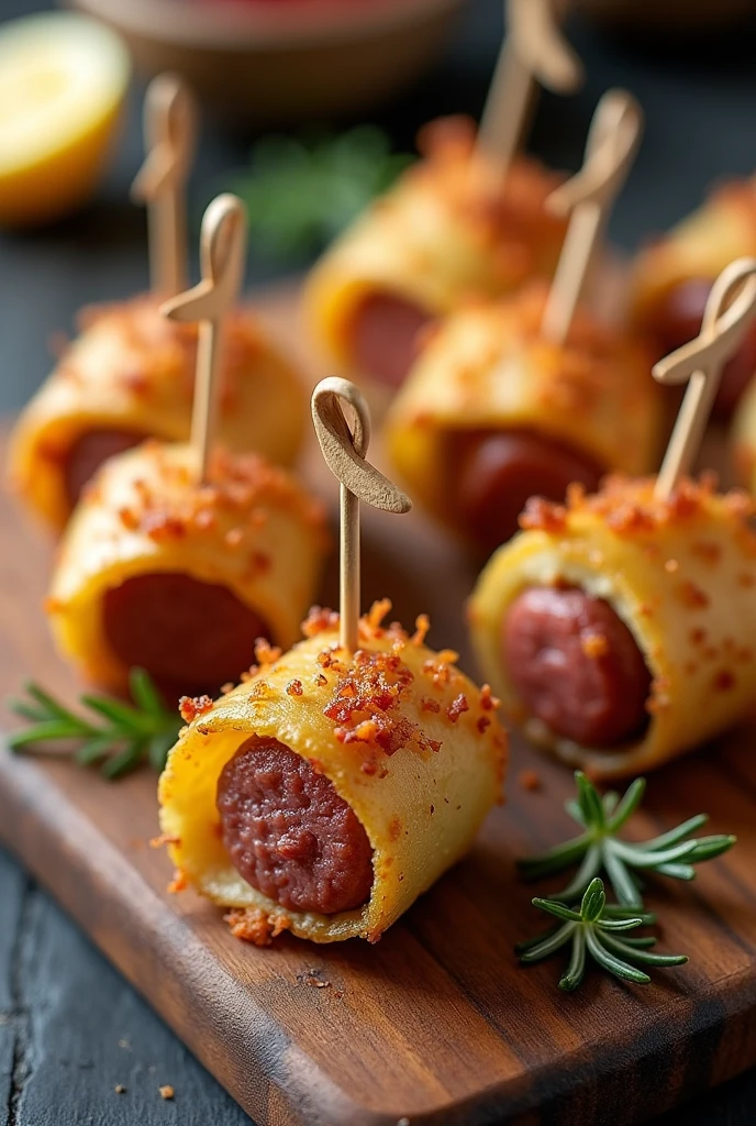 5 pieces of sausage wrapped in a slice of potato, stuck in a toothpick