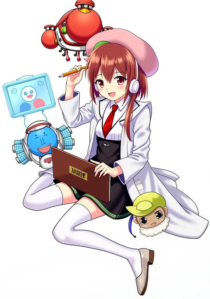 (Daisaku),(Need),(Super meticulous),(full bodyesbian:1.2),1girll,tchibi,adolable,ssmile,open-mouth smile,Light blue background,Raise your right hand,Holding pencil in hand,Holding a book in his left hand,music,Pink berets,cloak,The shirt,short detailed hair,green headwear,Blurred,brunette color hair,longer sleeves,By bangs,earphone,brunette color hair,(beautiful detailed face),(Beautiful and delicate eyes), anime style, from girls frontline, fine details. girls frontline, girls frontline universe, girls frontline style, girls frontline, girls frontline cg, soft anime illustration, 2 0 2 2 anime style, 2022 anime style, pixiv contest winner, pretty anime character design, render of april