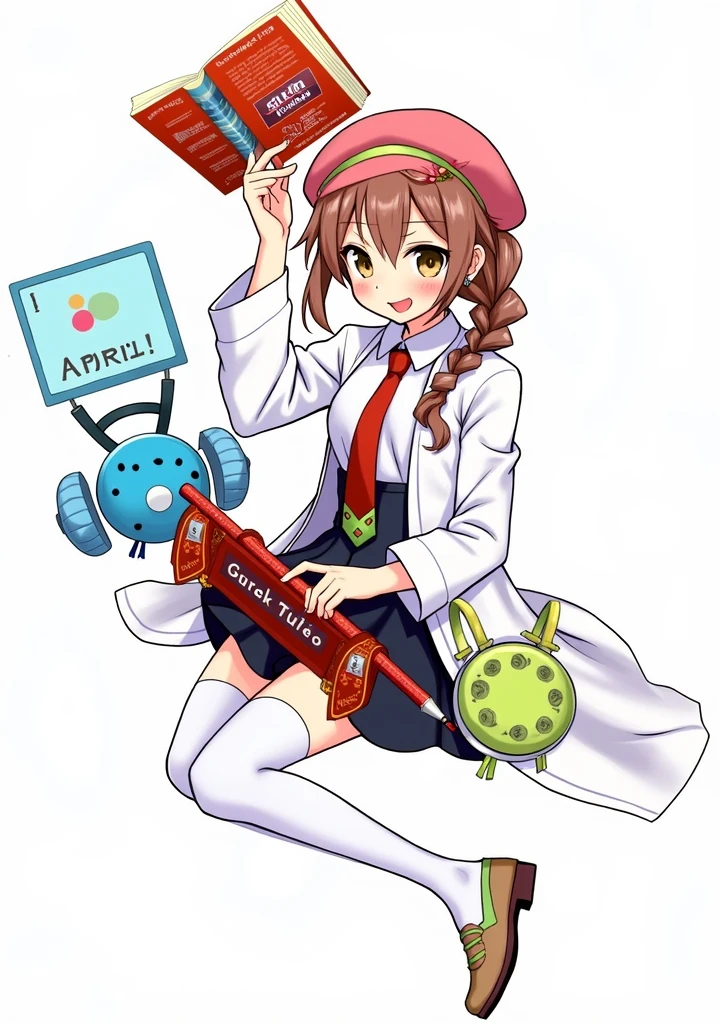 (Daisaku),(Need),(Super meticulous),(full bodyesbian:1.2),1girll,tchibi,adolable,ssmile,open-mouth smile,Light blue background,Raise your right hand,Holding pencil in hand,Holding a book in his left hand,music,Pink berets,cloak,The shirt,short detailed hair,green headwear,Blurred,brunette color hair,longer sleeves,By bangs,earphone,brunette color hair,(beautiful detailed face),(Beautiful and delicate eyes), anime style, from girls frontline, fine details. girls frontline, girls frontline universe, girls frontline style, girls frontline, girls frontline cg, soft anime illustration, 2 0 2 2 anime style, 2022 anime style, pixiv contest winner, pretty anime character design, render of april