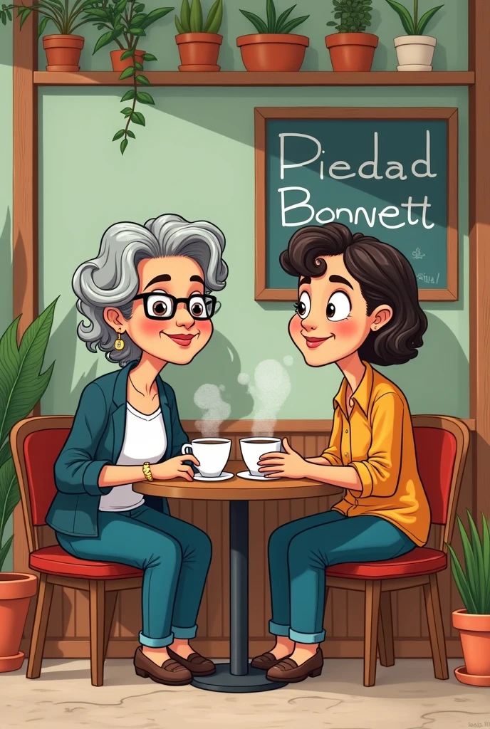 Generates Piedad Bonnett having coffee with someone as if it were a cartoon like mickey mouse draw