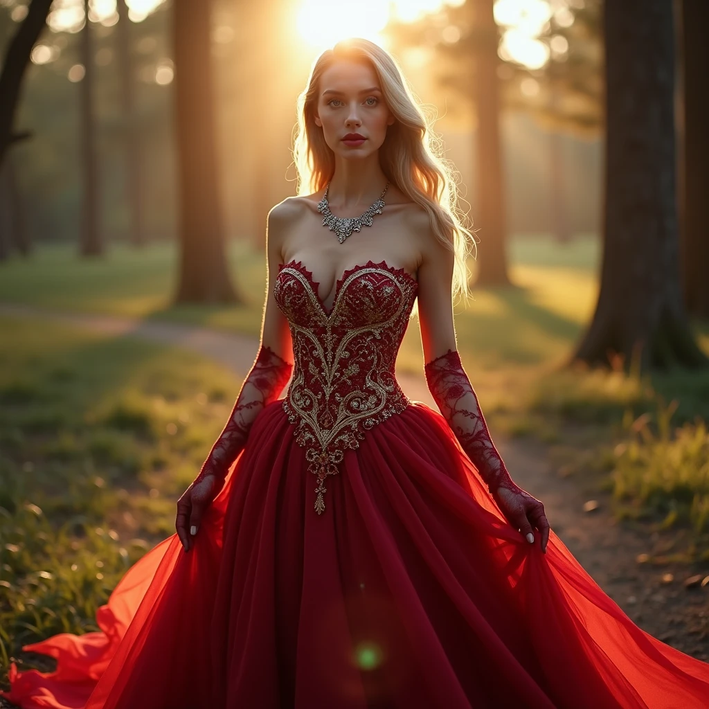 A breathtaking goddess-like girl wearing an opulent, flowing ball gown in a vibrant crimson, standing in a sun-dappled forest clearing at dawn, her dress billows around her, with layers of rich fabric cascading down her body, perfectly highlighting her slender waist and full hips, the bodice is intricately embroidered with gold thread, framing her full, round breasts elegantly, her long, delicate arms are adorned with lace gloves, and her neck is graced by a sparkling necklace that catches the early morning light, she stands tall and regal, her deep blue eyes gazing softly into the distance, her hair flowing in loose waves down her back, the forest around her is alive with the soft hues of dawn, with sunlight filtering through the trees, creating a magical, serene atmosphere, Photography, shot with a Canon EOS R5, 85mm f/1.2 lens, capturing the ethereal glow of the morning light,