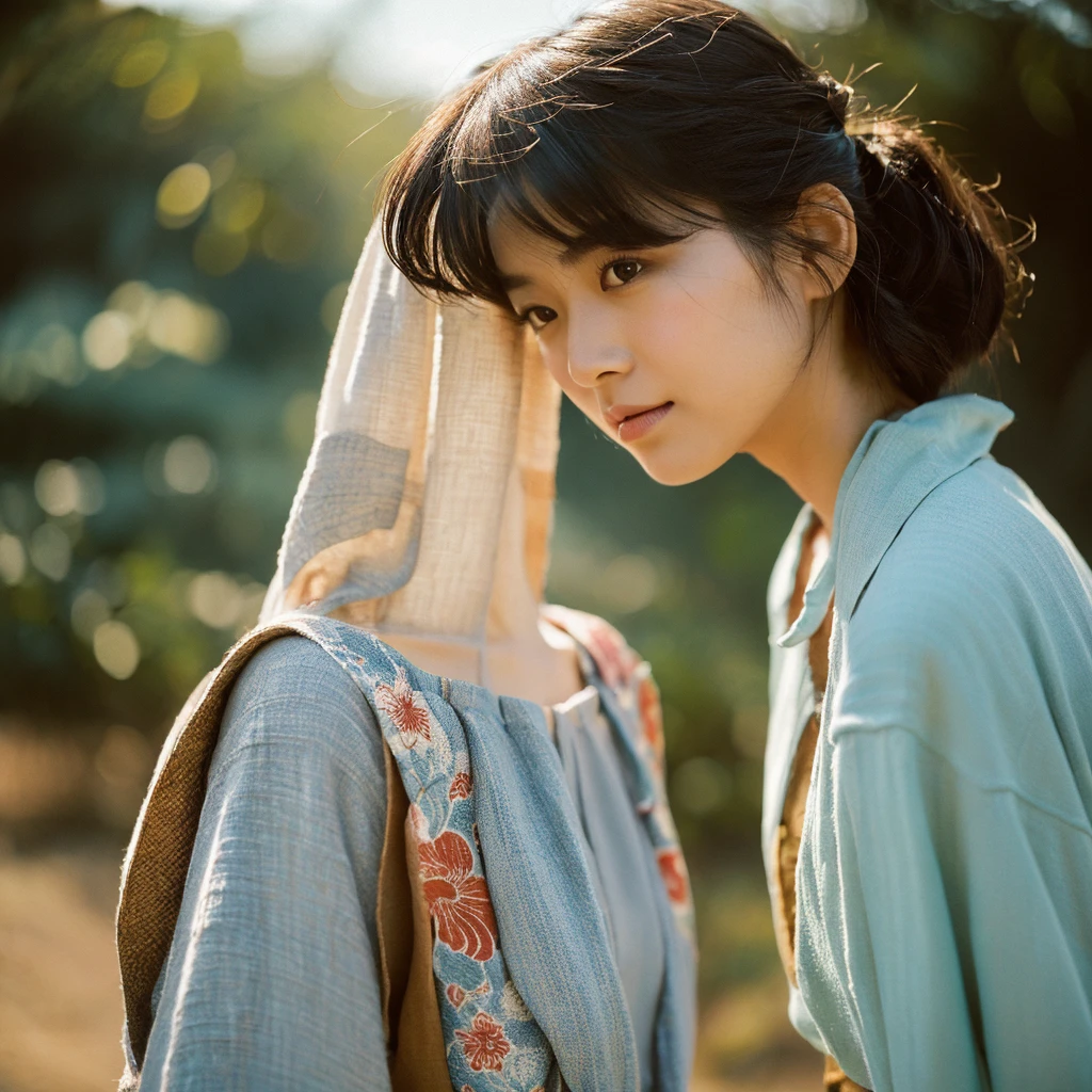 A hyper-realistic image of a single Japanese woman in her early 20s, captured from the shoulders up with the distinctive warmth and pronounced graininess of a vintage film camera. She is wearing a traditional Japanese yukata, featuring a detailed, classic design with delicate floral patterns such as cherry blossoms, peonies, or traditional motifs like waves and fans. The yukata is made from a lightweight, slightly textured cotton fabric that drapes naturally over her shoulders, giving it a soft, relaxed fit. The color scheme is deeply rooted in traditional Japanese aesthetics, including muted shades like indigo blue, dusty pinks, or pale greens, with subtle white accents. The yukata is wrapped correctly, with the left side over the right, and tied with a simple obi that has a textured weave and a soft, understated bow, visible just at the edge of the frame. Her skin has a warm, slightly tanned beige tone with a coarse texture, including visible pores, fine lines, slight discolorations, and natural skin folds, reflecting the true imperfections of human skin. The lighting is dim and diffuse, mimicking late afternoon or early evening natural light, softly illuminating her without harsh highlights, creating a subdued and calming atmosphere typical of film photography. Her straight, slightly disheveled black hair frames her face, gently tousled by a light summer breeze. Her deep brown eyes reflect the soft ambient light, with a slightly blurred focus that enhances the nostalgic film effect. The film camera effect is strong, with pronounced grain, desaturated colors, and a soft vignette around the edges, reinforcing the vintage aesthetic. The overall composition captures her serene, understated elegance with an emphasis on realistic skin texture, subdued lighting, and traditional elements of her attire, as seen through the lens of a classic film camera.