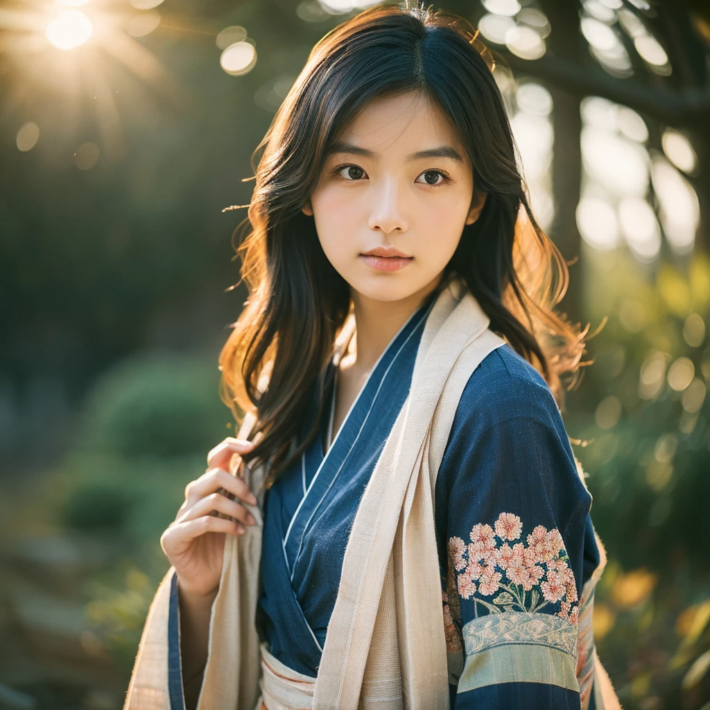 A hyper-realistic image of a single Japanese woman in her early 20s, captured from the shoulders up with the distinctive warmth and pronounced graininess of a vintage film camera. She is wearing a traditional Japanese yukata, featuring a detailed, classic design with delicate floral patterns such as cherry blossoms, peonies, or traditional motifs like waves and fans. The yukata is made from a lightweight, slightly textured cotton fabric that drapes naturally over her shoulders, giving it a soft, relaxed fit. The color scheme is deeply rooted in traditional Japanese aesthetics, including muted shades like indigo blue, dusty pinks, or pale greens, with subtle white accents. The yukata is wrapped correctly, with the left side over the right, and tied with a simple obi that has a textured weave and a soft, understated bow, visible just at the edge of the frame. Her skin has a warm, slightly tanned beige tone with a coarse texture, including visible pores, fine lines, slight discolorations, and natural skin folds, reflecting the true imperfections of human skin. The lighting is dim and diffuse, mimicking late afternoon or early evening natural light, softly illuminating her without harsh highlights, creating a subdued and calming atmosphere typical of film photography. Her straight, slightly disheveled black hair frames her face, gently tousled by a light summer breeze. Her deep brown eyes reflect the soft ambient light, with a slightly blurred focus that enhances the nostalgic film effect. The film camera effect is strong, with pronounced grain, desaturated colors, and a soft vignette around the edges, reinforcing the vintage aesthetic. The overall composition captures her serene, understated elegance with an emphasis on realistic skin texture, subdued lighting, and traditional elements of her attire, as seen through the lens of a classic film camera.