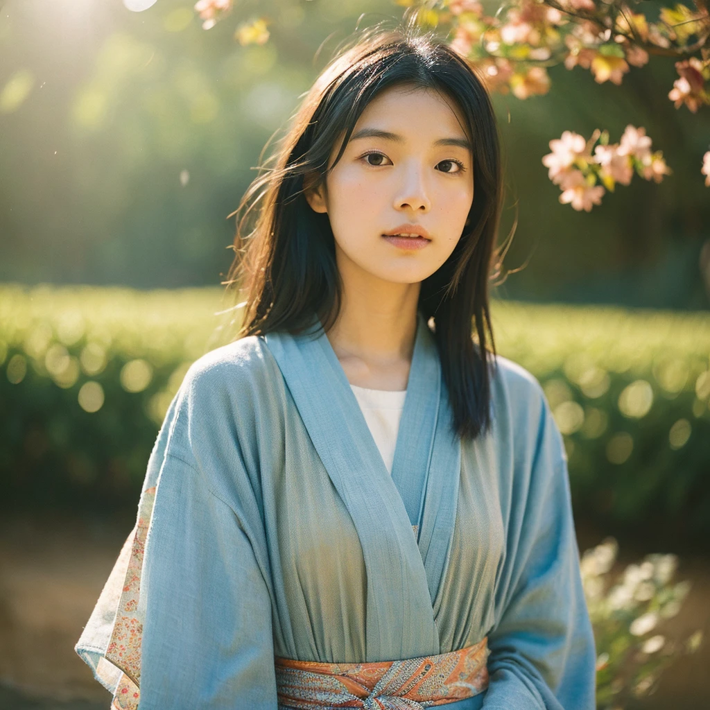 A hyper-realistic image of a single Japanese woman in her early 20s, captured from the shoulders up with the distinctive warmth and pronounced graininess of a vintage film camera. She is wearing a traditional Japanese yukata, featuring a detailed, classic design with delicate floral patterns such as cherry blossoms, peonies, or traditional motifs like waves and fans. The yukata is made from a lightweight, slightly textured cotton fabric that drapes naturally over her shoulders, giving it a soft, relaxed fit. The color scheme is deeply rooted in traditional Japanese aesthetics, including muted shades like indigo blue, dusty pinks, or pale greens, with subtle white accents. The yukata is wrapped correctly, with the left side over the right, and tied with a simple obi that has a textured weave and a soft, understated bow, visible just at the edge of the frame. Her skin has a warm, slightly tanned beige tone with a coarse texture, including visible pores, fine lines, slight discolorations, and natural skin folds, reflecting the true imperfections of human skin. The lighting is dim and diffuse, mimicking late afternoon or early evening natural light, softly illuminating her without harsh highlights, creating a subdued and calming atmosphere typical of film photography. Her straight, slightly disheveled black hair frames her face, gently tousled by a light summer breeze. Her deep brown eyes reflect the soft ambient light, with a slightly blurred focus that enhances the nostalgic film effect. The film camera effect is strong, with pronounced grain, desaturated colors, and a soft vignette around the edges, reinforcing the vintage aesthetic. The overall composition captures her serene, understated elegance with an emphasis on realistic skin texture, subdued lighting, and traditional elements of her attire, as seen through the lens of a classic film camera.