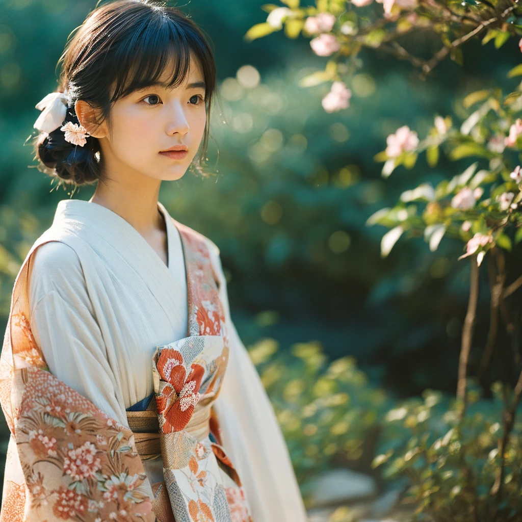 A hyper-realistic image of a single Japanese woman in her early 20s, captured from the shoulders up with the distinctive warmth and pronounced graininess of a vintage film camera. She is wearing a traditional Japanese yukata, featuring a detailed, classic design with delicate floral patterns such as cherry blossoms, peonies, or traditional motifs like waves and fans. The yukata is made from a lightweight, slightly textured cotton fabric that drapes naturally over her shoulders, giving it a soft, relaxed fit. The color scheme is deeply rooted in traditional Japanese aesthetics, including muted shades like indigo blue, dusty pinks, or pale greens, with subtle white accents. The yukata is wrapped correctly, with the left side over the right, and tied with a simple obi that has a textured weave and a soft, understated bow, visible just at the edge of the frame. Her skin has a warm, slightly tanned beige tone with a coarse texture, including visible pores, fine lines, slight discolorations, and natural skin folds, reflecting the true imperfections of human skin. The lighting is dim and diffuse, mimicking late afternoon or early evening natural light, softly illuminating her without harsh highlights, creating a subdued and calming atmosphere typical of film photography. Her straight, slightly disheveled black hair frames her face, gently tousled by a light summer breeze. Her deep brown eyes reflect the soft ambient light, with a slightly blurred focus that enhances the nostalgic film effect. The film camera effect is strong, with pronounced grain, desaturated colors, and a soft vignette around the edges, reinforcing the vintage aesthetic. The overall composition captures her serene, understated elegance with an emphasis on realistic skin texture, subdued lighting, and traditional elements of her attire, as seen through the lens of a classic film camera.