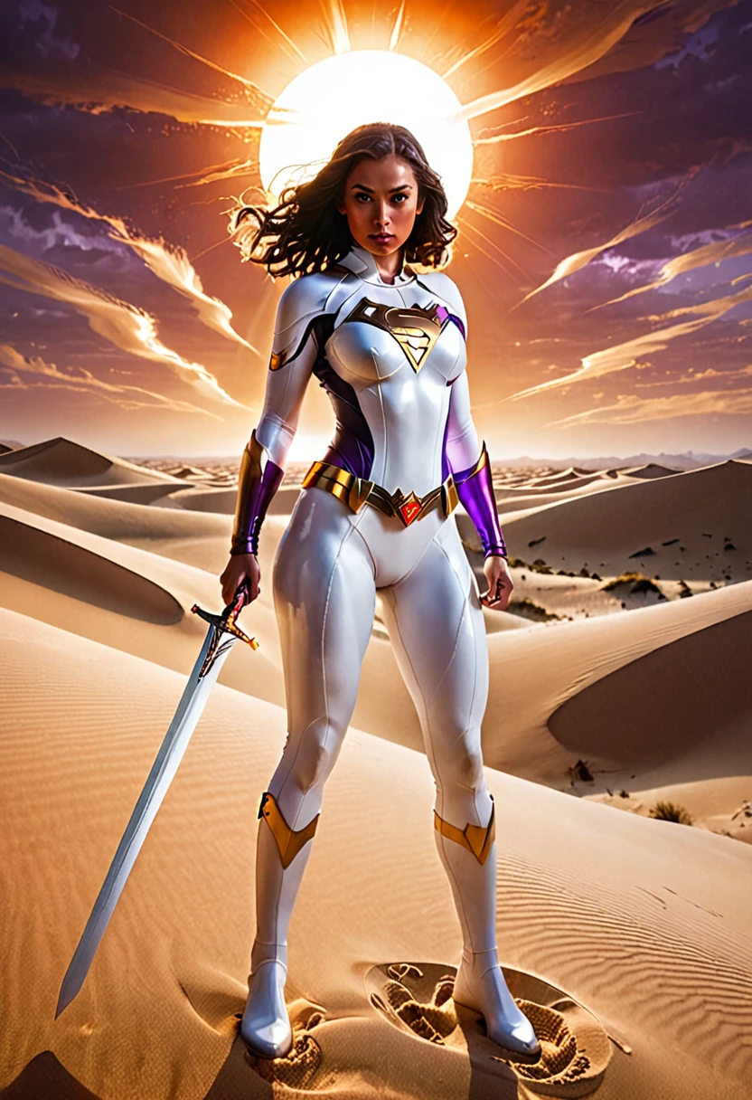 "Show a superhero super girl with heavy big breast in a sleek, white wet suit standing in a vast desert with towering sand dunes. The hero holds a sword made of pure energy, glowing with a white light. The sun is setting, casting long shadows and a golden hue over the landscape. A fierce sandstorm is approaching, with a menacing figure emerging from the storm, surrounded by dark energy. The sky is a mix of orange and purple, emphasizing the intensity of the scene."