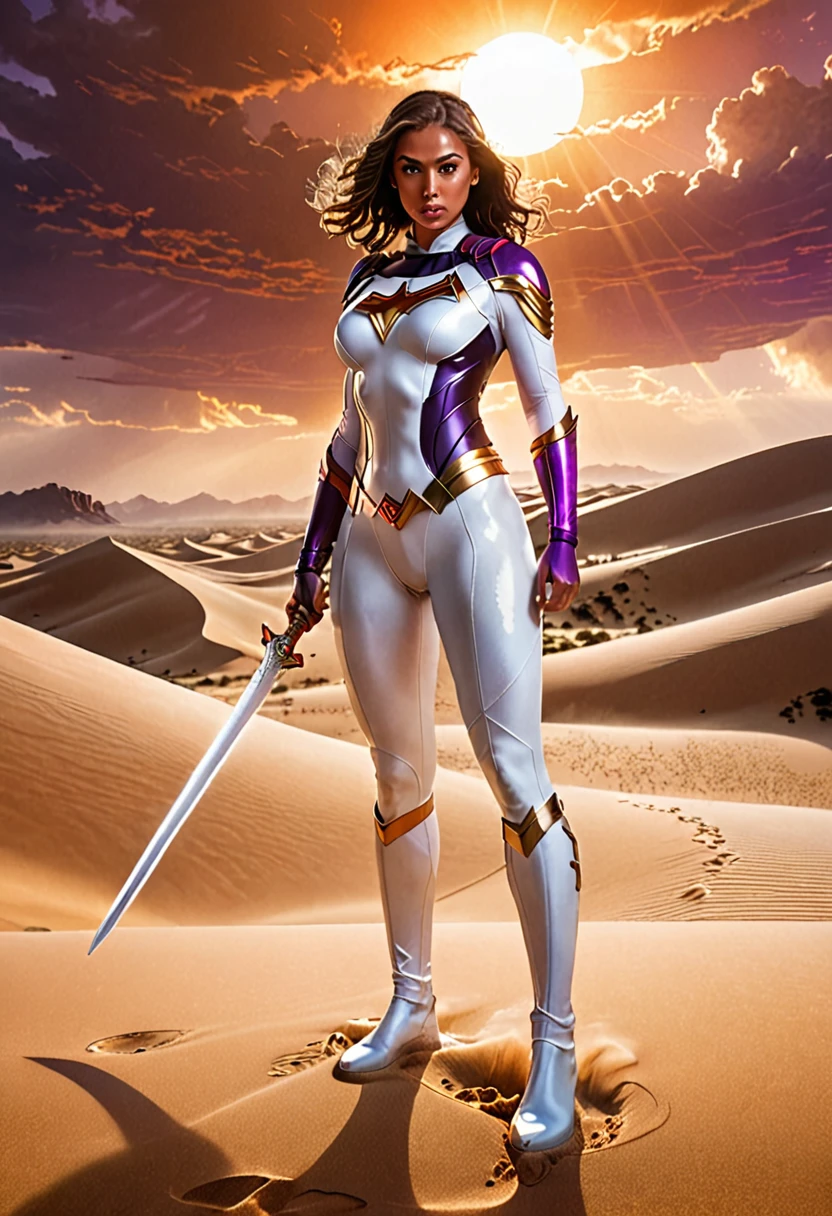 "Show a superhero  super girl with heavy big breast in a sleek, white wet suit standing in a vast desert with towering sand dunes. The hero holds a sword made of pure energy, glowing with a white light. The sun is setting, casting long shadows and a golden hue over the landscape. A fierce sandstorm is approaching, with a menacing figure emerging from the storm, surrounded by dark energy. The sky is a mix of orange and purple, emphasizing the intensity of the scene."