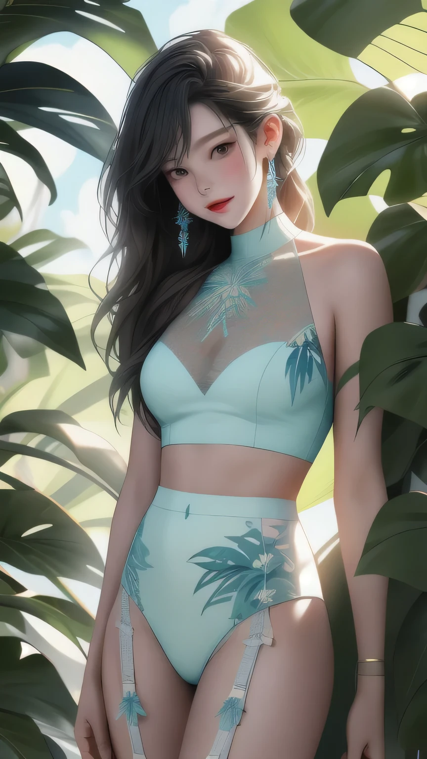 Ultra-realistic scenes, Parallel world, God-like tropical exotic plants, cult, Tropical flowers, Unusual art, Unique art, Summer blue sky background, sunlight, bright sunlight, Blender, Product Rendering, High quality 8K. 1girl, Cute 1 girl､White garter set､