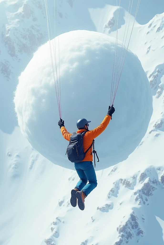 30 years Indian man is skidiving with poles on the snow mountain, large snow ball is fall on him, he's in the middle of the air and poles are also in the air, he wears orange jacket, blue pant, helmet, black glasses. His back side should be display and large snow ball is visible chasing him