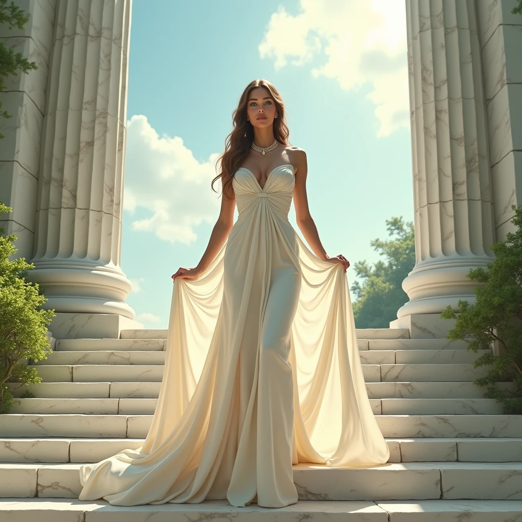 A stunningly beautiful girl with a goddess-like aura, draped in a luxurious, flowing ivory gown, standing on the steps of an ancient marble temple at midday, the dress is a masterpiece of design, with a fitted bodice that accentuates her slender waist and full, rounded breasts, the skirt flares out dramatically, cascading down the steps in waves of silk and chiffon, her long, graceful neck is adorned with a delicate chain of pearls, and her hair is styled in loose, elegant curls that tumble over her shoulders, she gazes away from the viewer, her deep blue eyes reflecting the bright, clear sky, the temple is surrounded by lush greenery, and the light bounces off the marble, creating a radiant, almost divine atmosphere, Illustration, digital painting with meticulous attention to detail and light,