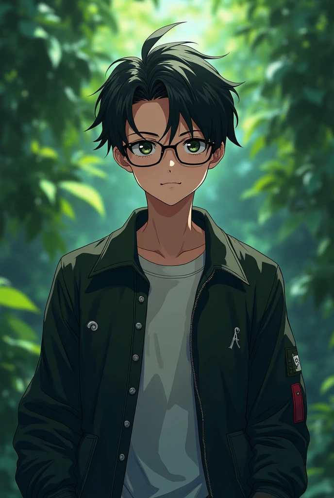 A most handsome ager 18 years boy, wide shoulder wearing eye glasses and stylish jacket with medium hair
Background was full dark green
Standing state and he is a anime character