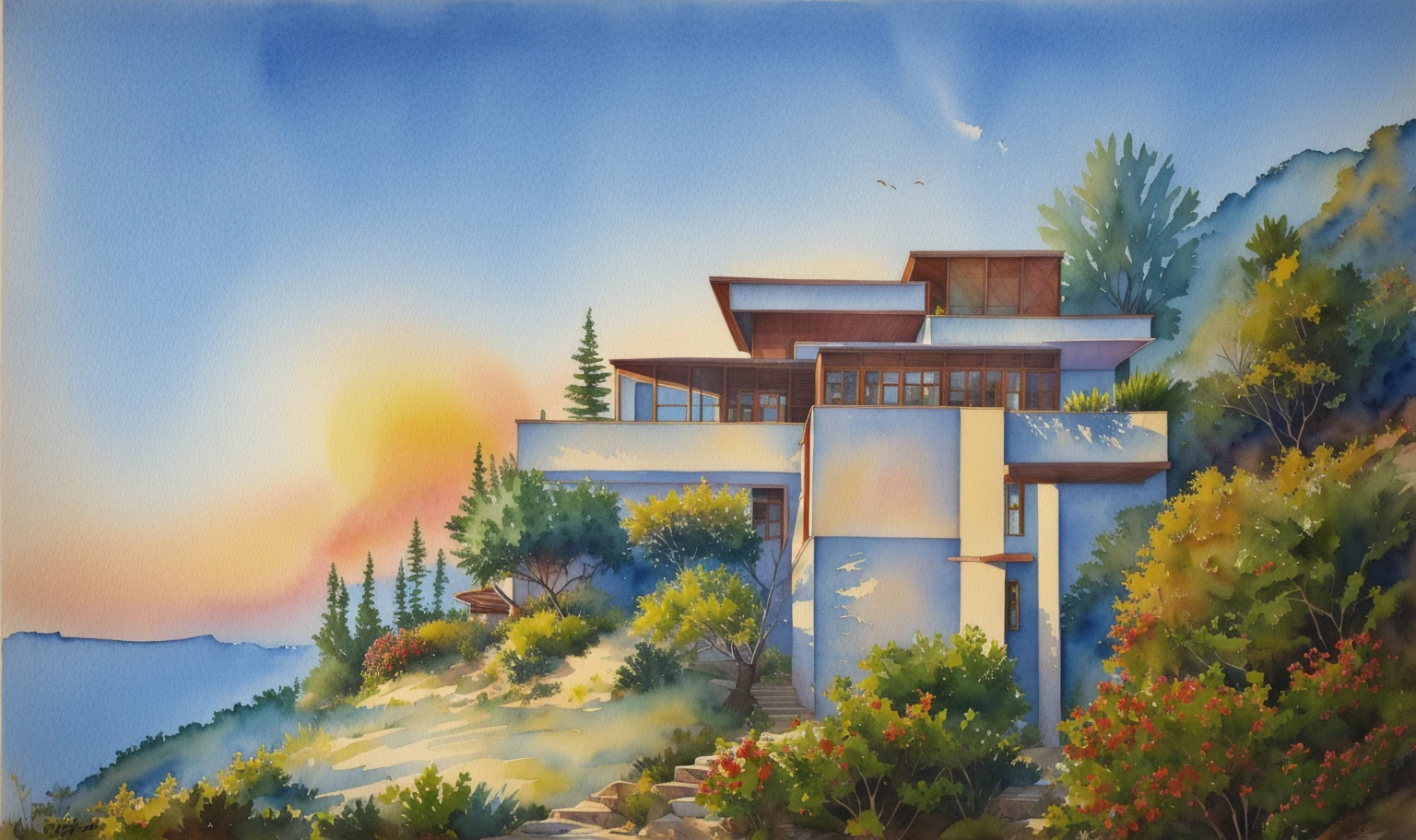 (masterpiece, best quality: 1.2), KTHOUSE Style - Watercolor sketch, Watercolor style, modern style villa, on a cliff with many trees, clear blue sky, sunrise